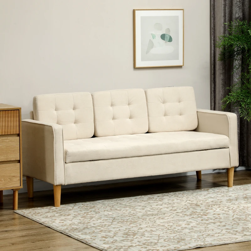 HOMCOM Canapé 3 places en flanelle de neige, canapé moderne avec rangement caché, dossier capitonné, 166,5 x 62 x 82 cm, crème