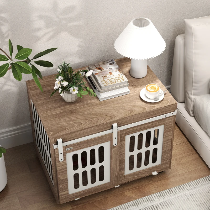PawHut Móvel canil para cão com porta deslizante, casa para cão de porte médio, mesa de apoio, 80 x 59 x 63 cm, nogueira