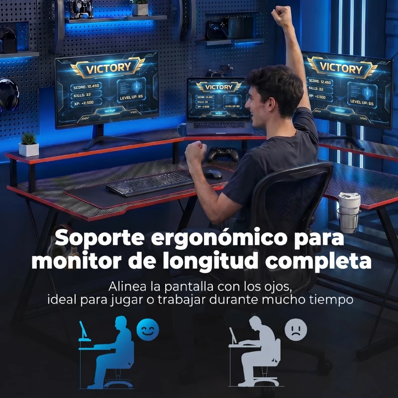 HOMCOM Secretária de Canto com Tomadas em Forma de L 128x128 cm com Suporte para Monitor Gancho e Suporte para Copos Preta