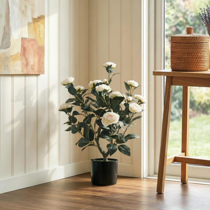 HOMCOM Planta Artificial de Camelia 65cm Árbol Artificial en Maceta con Flores de Seda Realistas 116 Hojas Efecto Musgo Blanco