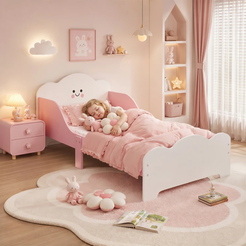 AIYAPLAY Letto Montessori per Bambini 3-6 Anni in Legno con Bordi Rialzati e Stampe Carine, per Cameretta, Rosa