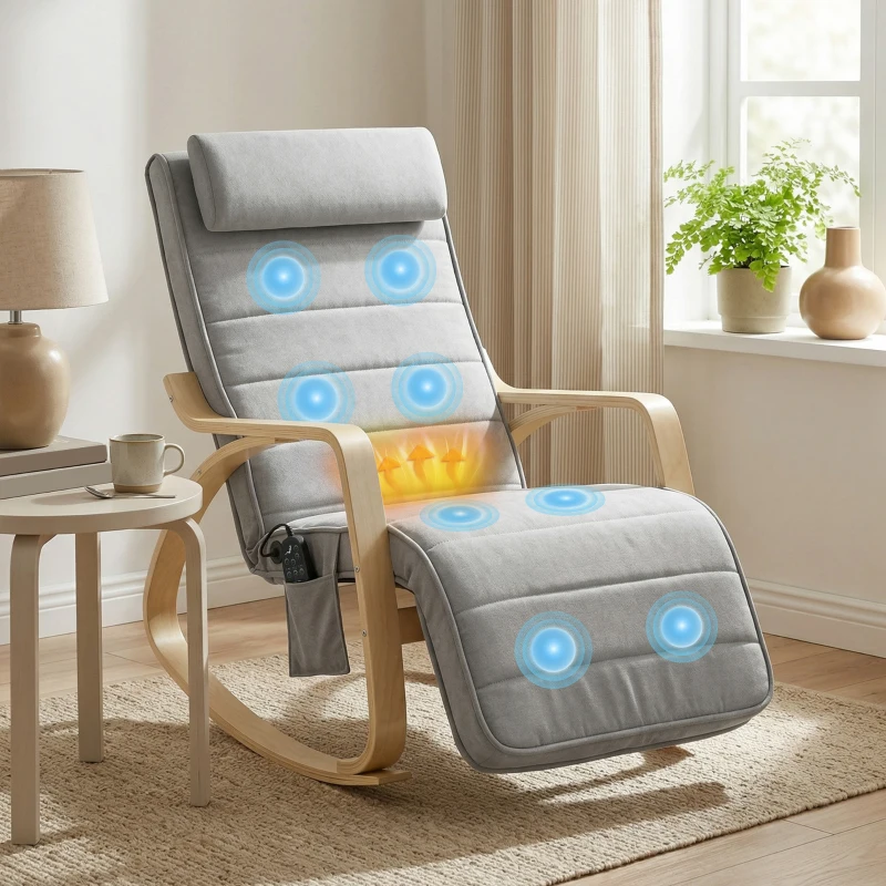 HOMCOM Schaukelstuhl mit Massage, Heizung, Kopfstütze & Fußstütze, Samtbezug, Relaxsessel, Hellgrau