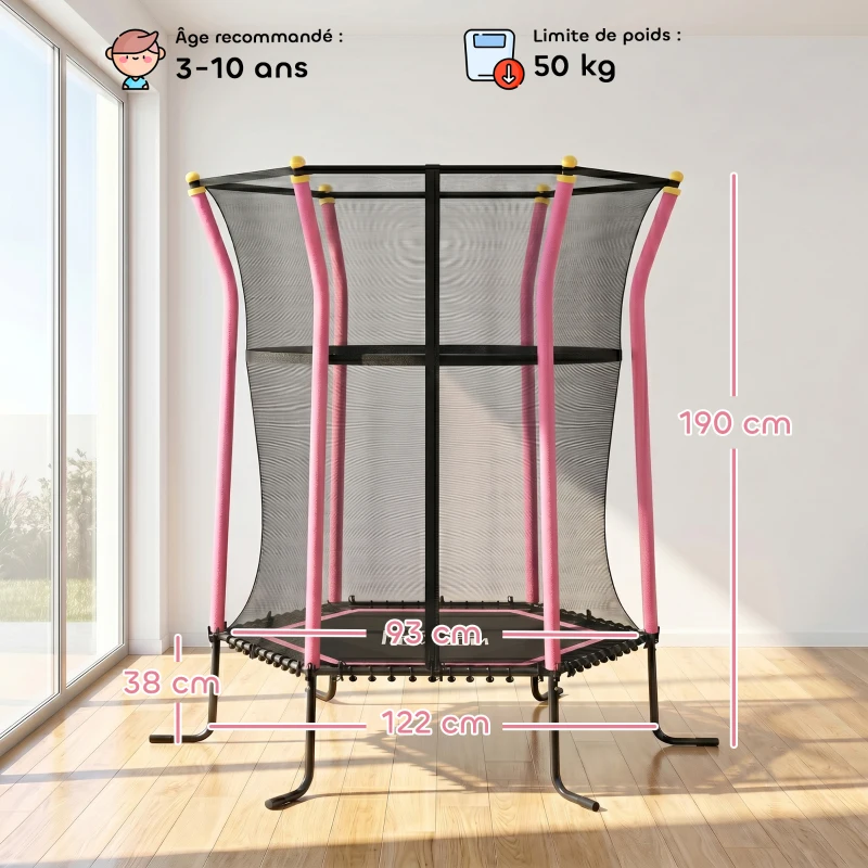 HOMCOM Trampoline pour enfant 1,22 x 1,11 x 1,9 m filet de sécurité porte zippée 6 poteaux rembourrés inclus rose noir
