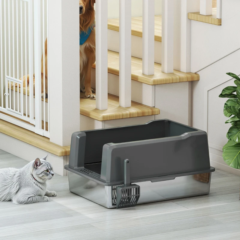PawHut Caixa de Areia para Gato em Aço Inoxidável 85L grande capacidade casa de banho semi-fechada, 71 x 50,8 x 35,5 cm cinza