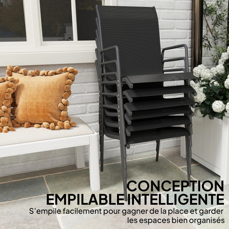 Outsunny Lot de 6 Chaises de Jardin Extérieures, Chaise de Salle à Manger Empilables avec Accoudoirs, 51x69x87cm, Noir