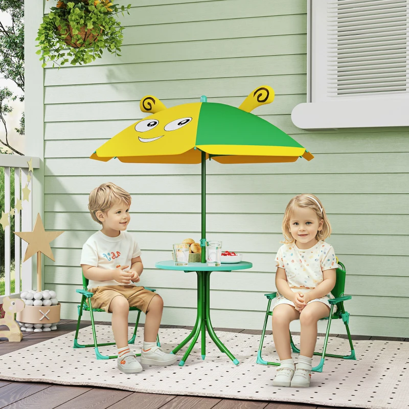 AIYAPLAY Conjunto de móveis de jardim para crianças, cadeiras, mesa, guarda-sol, design de abelha, Verde+Amarelo