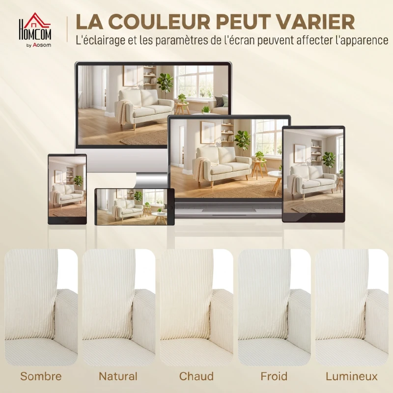 HOMCOM Canapé 2 places en velours côtelé, canapé de salon moderne 134 cm, assise rembourrée, coussin à ressorts, crème