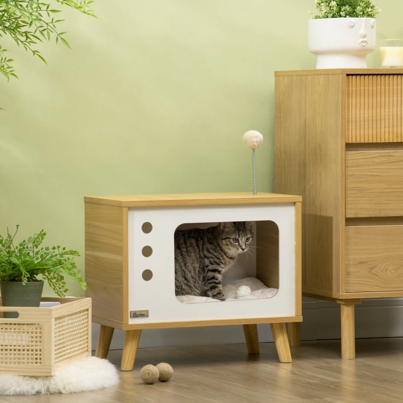 PawHut Maison niche pour chat forme de tv avec coussin douillet et balle rebondissante - 50 x 28 x 43 cm