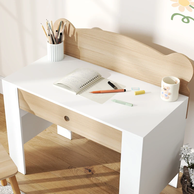 AIYAPLAY Conjunto de secretária para crianças, mesa de trabalho e cadeira em forma de urso, com gaveta, para escrever e fazer trabalhos manuais, 3-8 anos, madeira natural