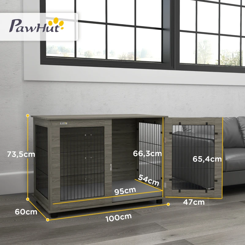 PawHut Gaiola para cão 2 em 1 mesa de apoio com almofada de pelúcia removível porta com fecho 100 x 60 x 73,5 cm cinza