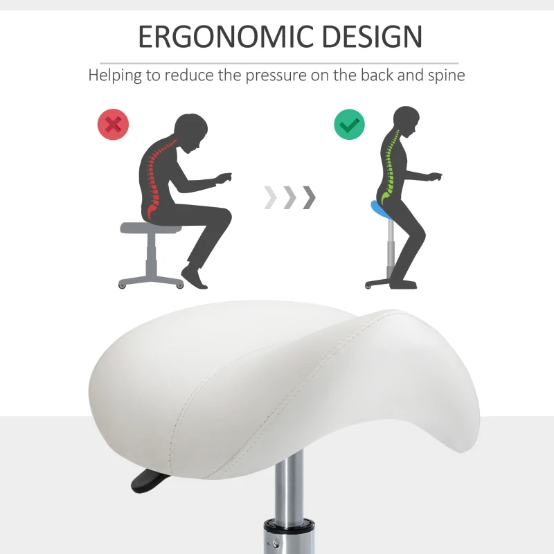 HOMCOM Height Adjustable Saddle Stool with Swivel Wheels, Faux Leather Salon Chair for Hairdressing, Beauty, Tattoo, White(m-7)