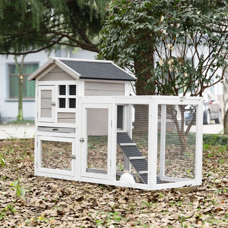 PawHut Gaiola para Coelhos estilo cottage - abrigo superior com rampa e recinto exterior - bandeja deslizante, telhado