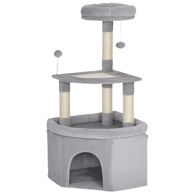 PawHut Árvore para gatos torre de atividades para gatos arranhadores sisal, plataforma, toca, pelúcia, bolas, 49x49x114cm cinza claro