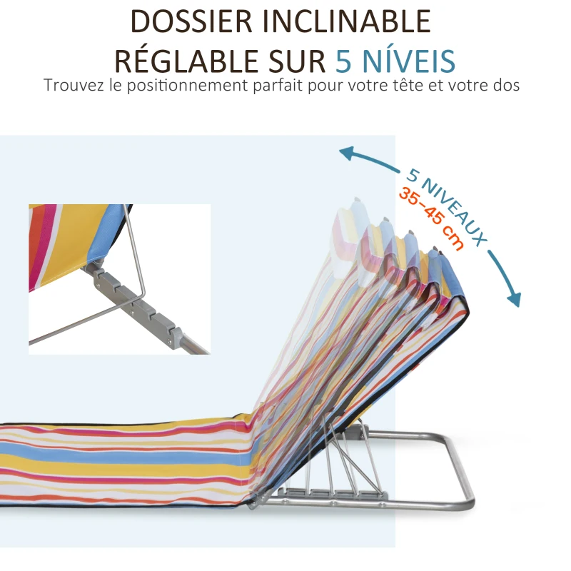 Outsunny Lot de 2 tapis de plage pliants avec dossier réglable 5 positions, appui-tête, tissu Oxford, sac de transport