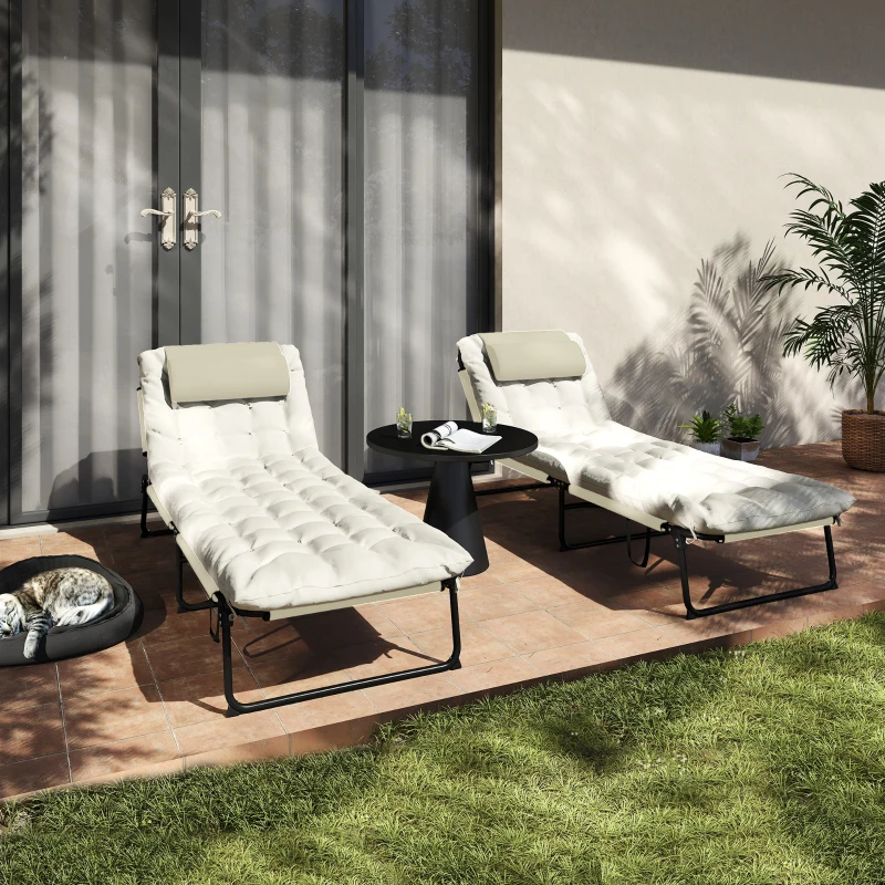 Outsunny Lot de 2 transats bains de soleil pliable avec dossier inclinable 4 positions - appui-tête et matelas épais beige