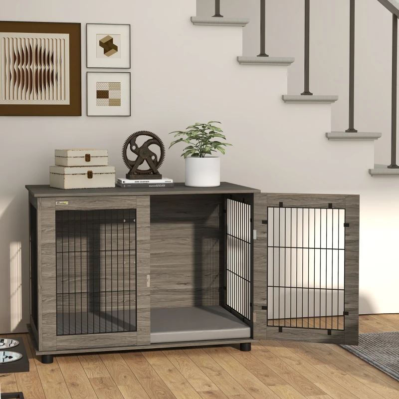 PawHut Gaiola para cão 2 em 1 mesa de apoio com almofada de pelúcia removível porta com fecho 100 x 60 x 73,5 cm cinza