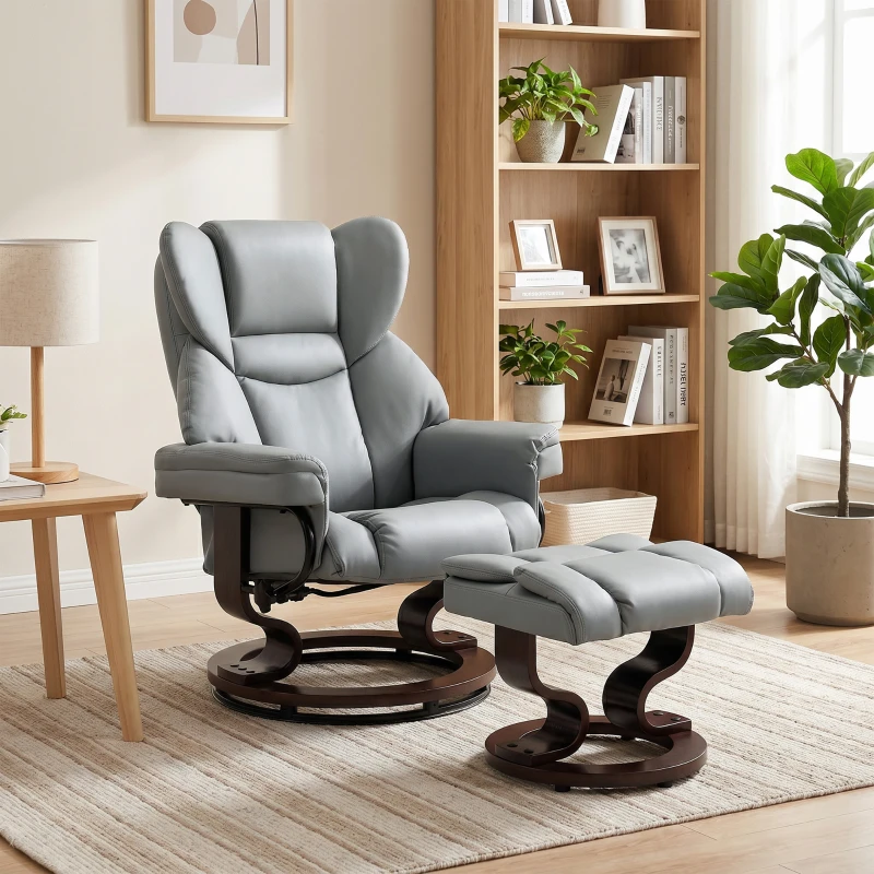 HOMCOM Draaibare relaxfauteuil met voetenbank, hoge rugleuning, hoogwaardig schuim, houten basis, lichtgrijs
