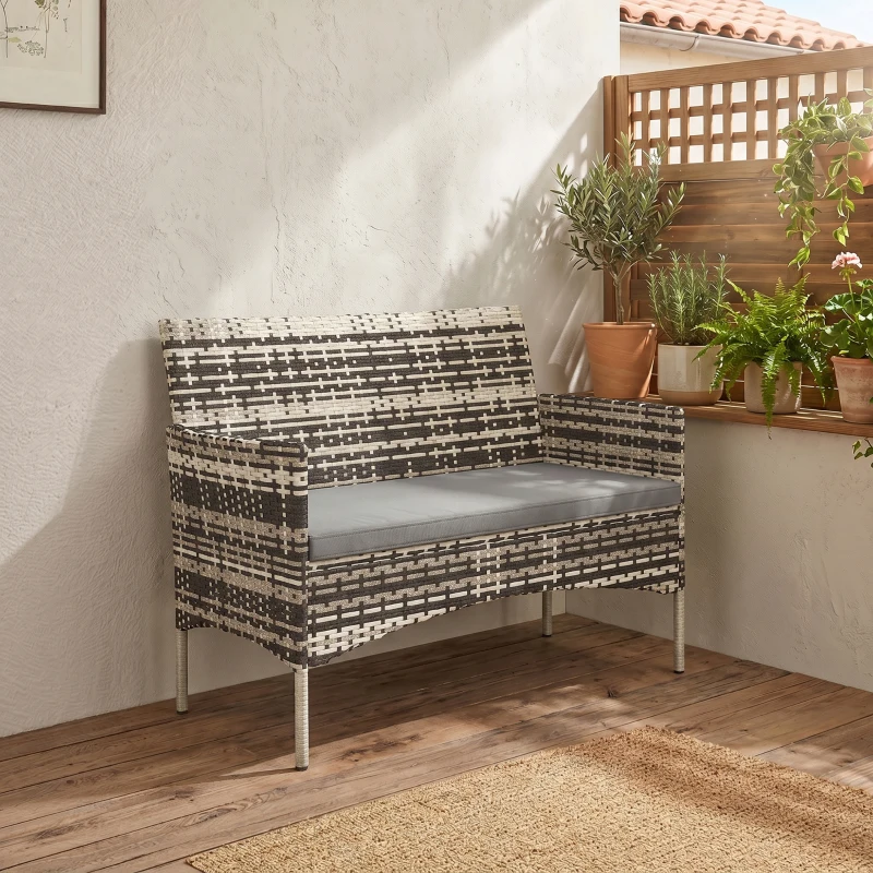 Outsunny 2-Sitzer Rattan Gartensofa PE-Rattan Outdoor-Terrassen-Sofa mit Polster, Anti-Rutsch-Matten, Stahlrahmen, Hellgrau