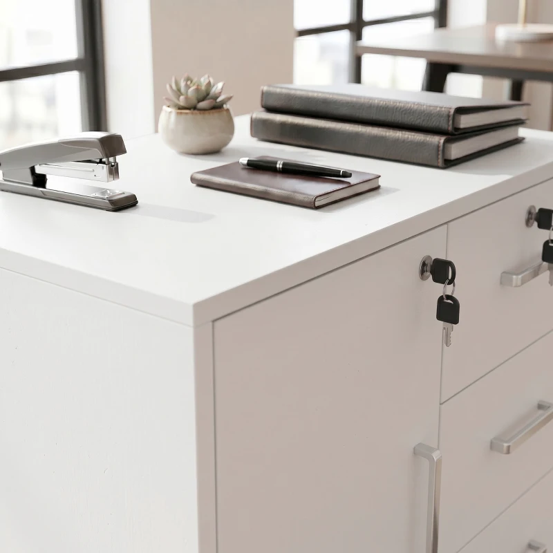 HOMCOM Caisson bureau meuble de rangement verrouillable avec 3 tiroirs et étagère réglable, roulettes, 40 x 60 x 56 cm, blanc
