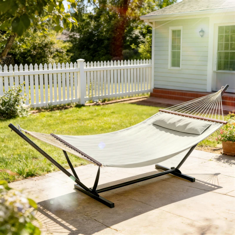 Outsunny Hamac sur pied, hamac avec support en acier, oreiller, barres d'écartement, 368 x 140 x 110 cm, crème