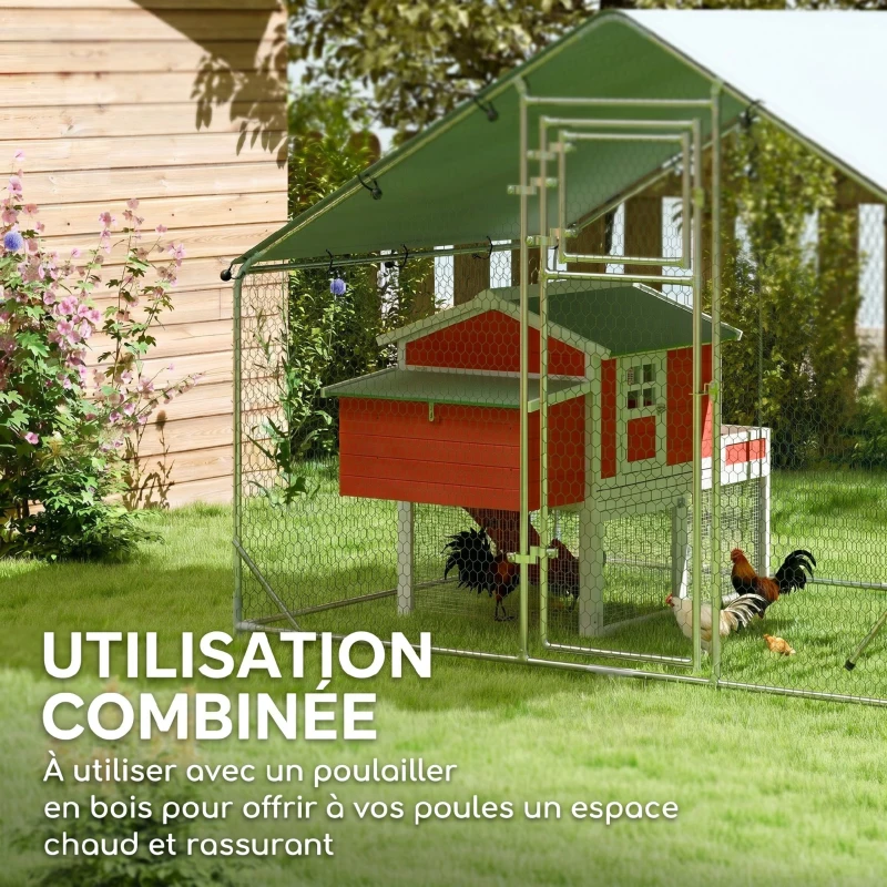PawHut Enclos poulailler extérieur parc grillagé 6 m² avec perchoir et mangeoire acier galvanisé Ø25mm 300x200x195cm argent