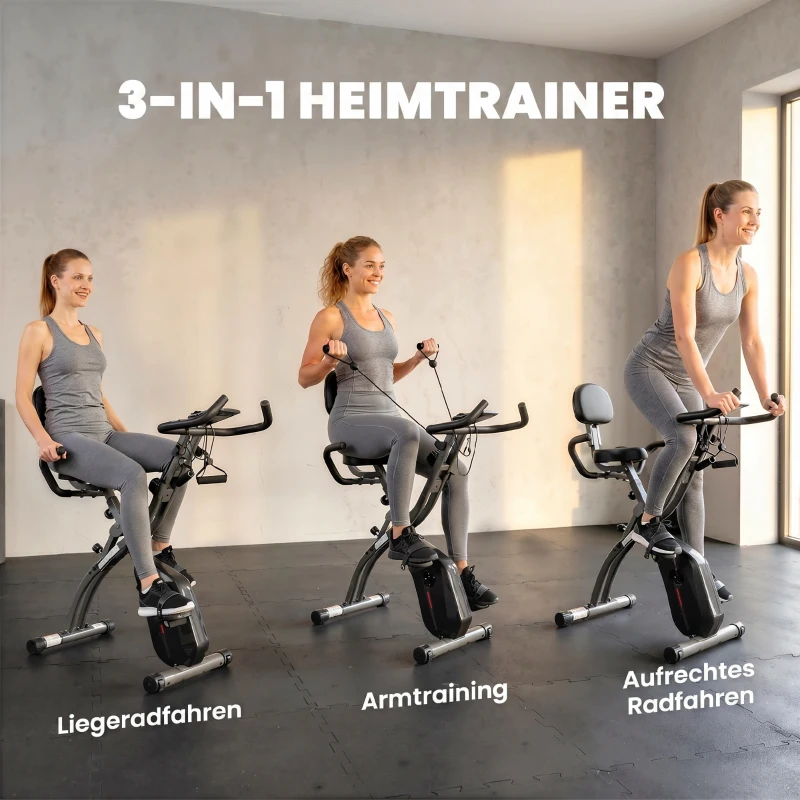 SPORTNOW 3 in 1 Heimtrainer Fahrrad Klappbar Leise Liegeergometer mit LCD Monitor Bluetooth Herzfrequenz Sensor Widerstandsband