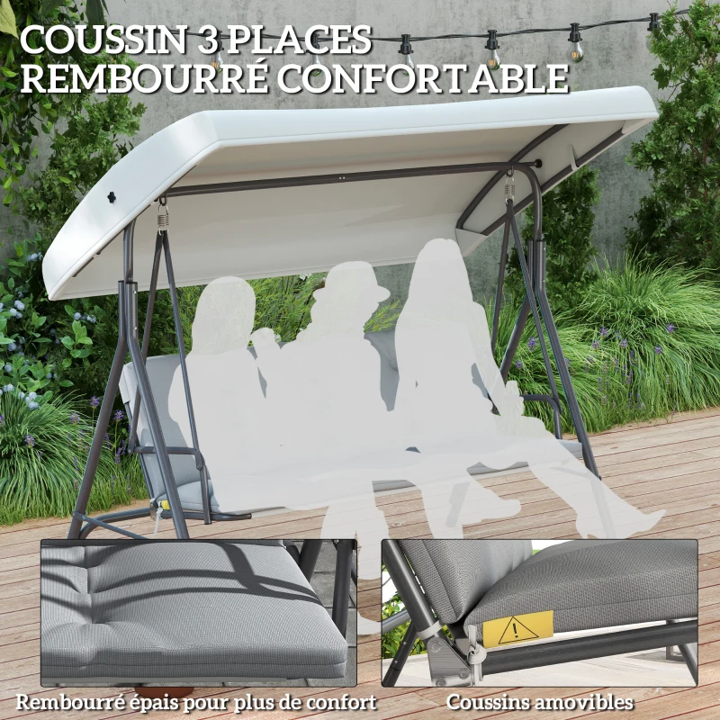 Outsunny Balancelle de Jardin 3 Places Grand Confort Toit Inclinaison réglable épais Coussins Amovibles Acier gris clair