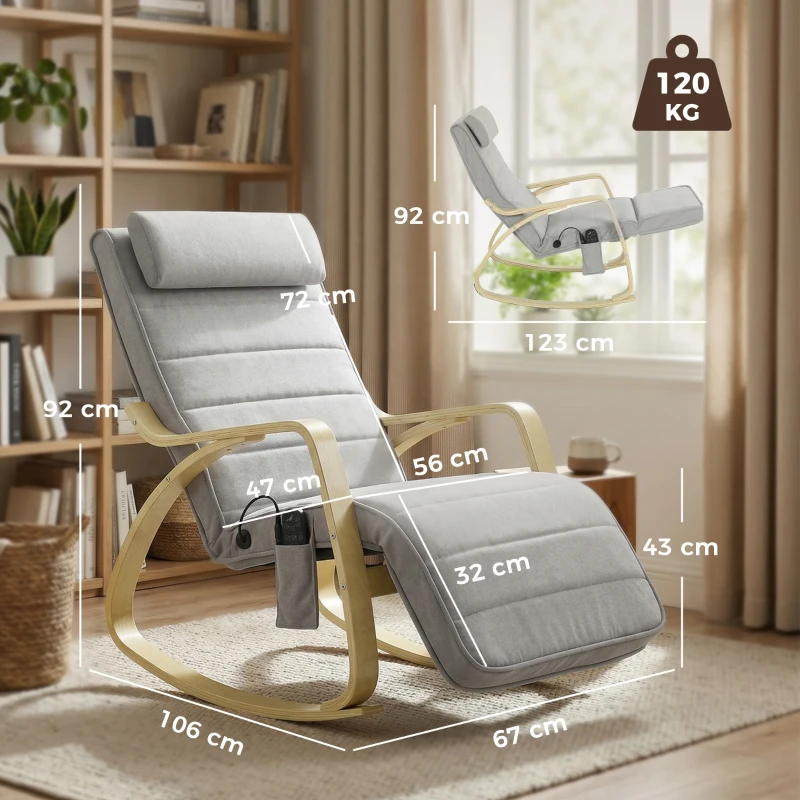 HOMCOM Schaukelstuhl mit Massage, Heizung, Kopfstütze & Fußstütze, Samtbezug, Relaxsessel, Hellgrau
