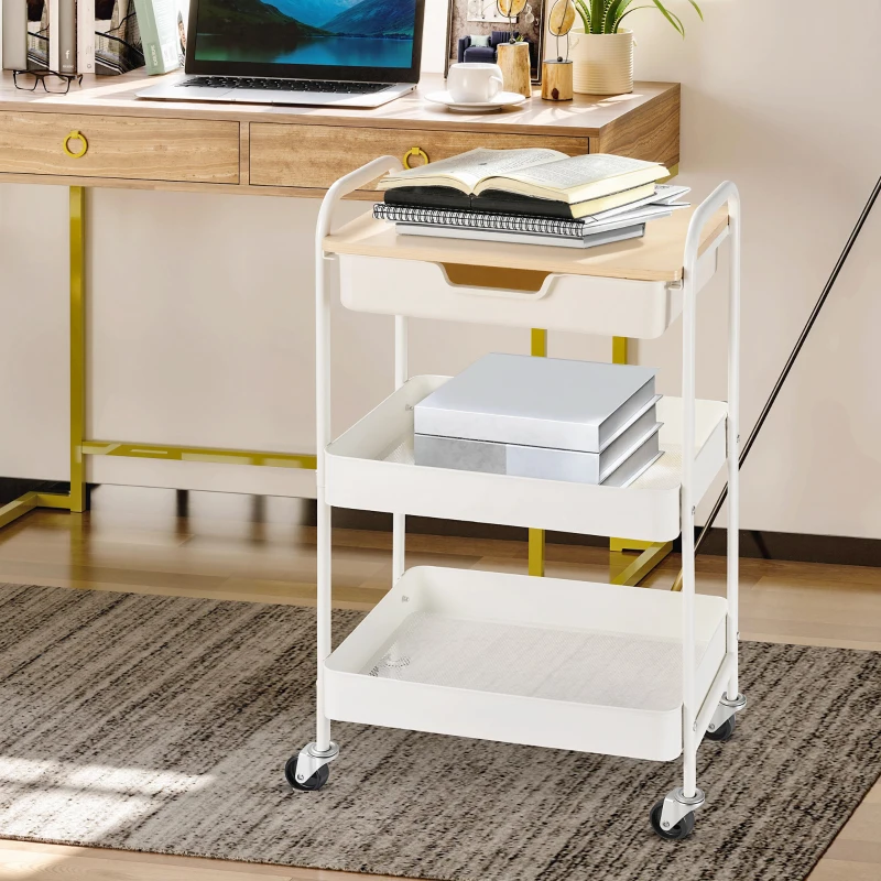 HOMCOM Desserte de cuisine chariot de service 2 étagères tiroir plateau aspect bois clair acier PP blanc