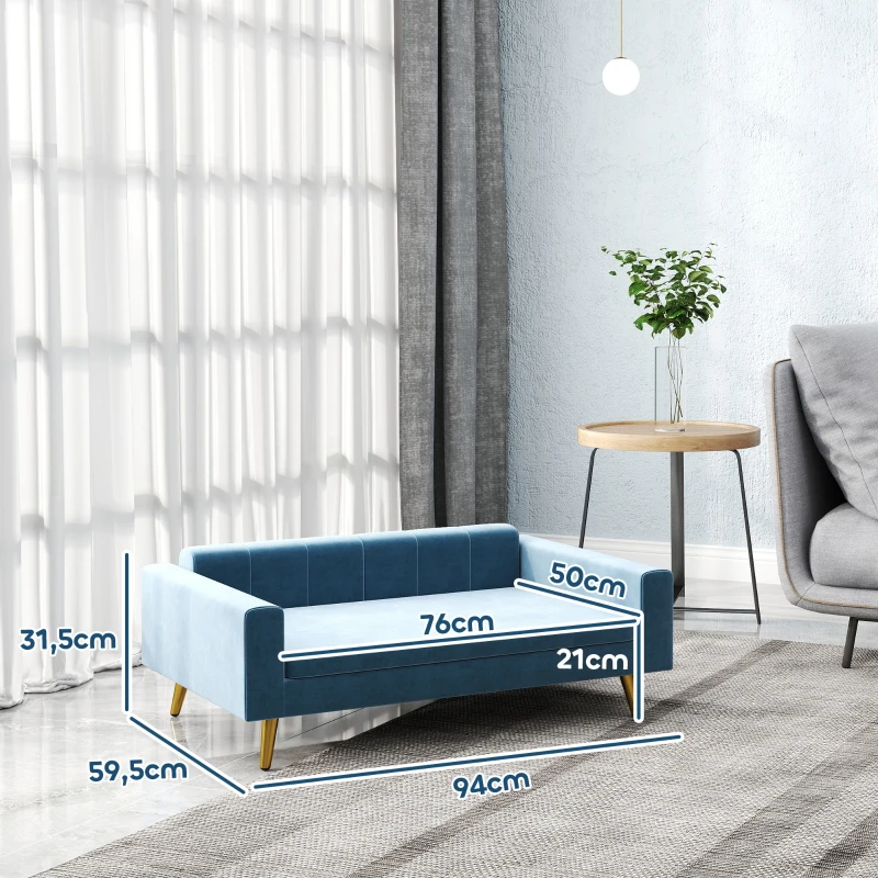 PawHut Sofá para cão cama para cão design escandinavo almofada macia pés metal dourado 94 x 59,5 x 31,5 cm veludo sedoso azul