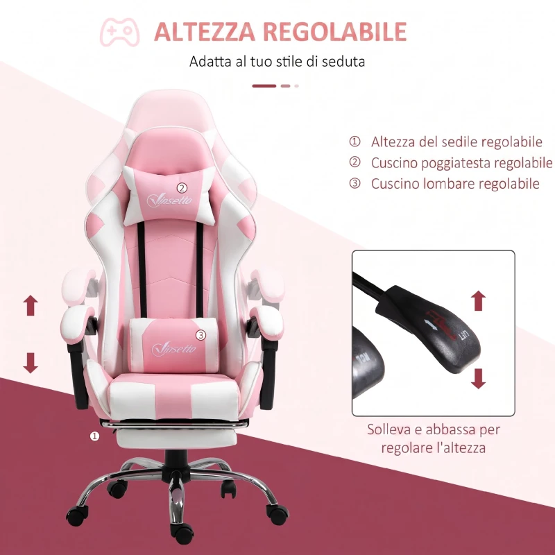 Vinsetto Sedia Gaming Ergonomica Reclinabile con Poggiatesta, Cuscino Lombare, Altezza Regolabile, Rosa e Bianco