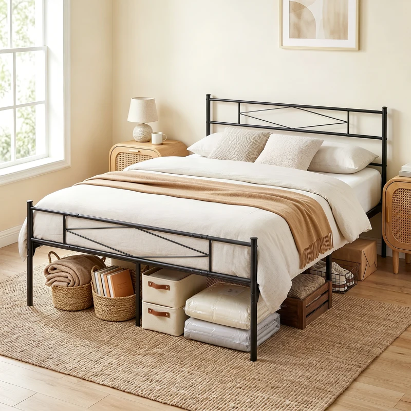 HOMCOM 5ft King Bed Frame with Headboard and Footboard, Metal Platform Bed Frame with 32 cm Underbed Storage, Black
