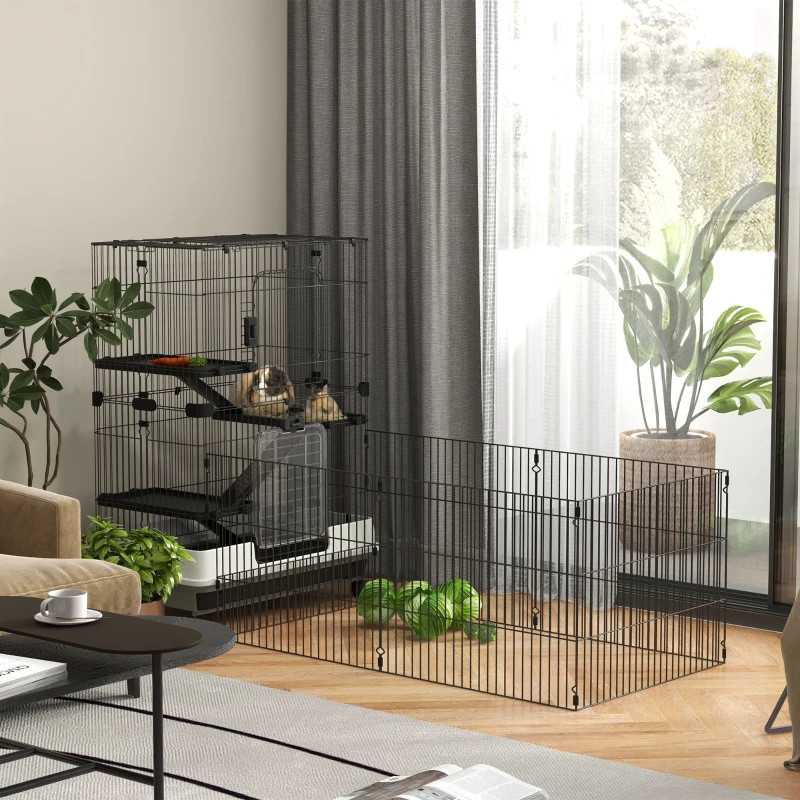 PawHut Gaiola para pequenos animais com rodízios 3 plataformas removíveis 3 rampas bandeja inferior removível metal PP preto