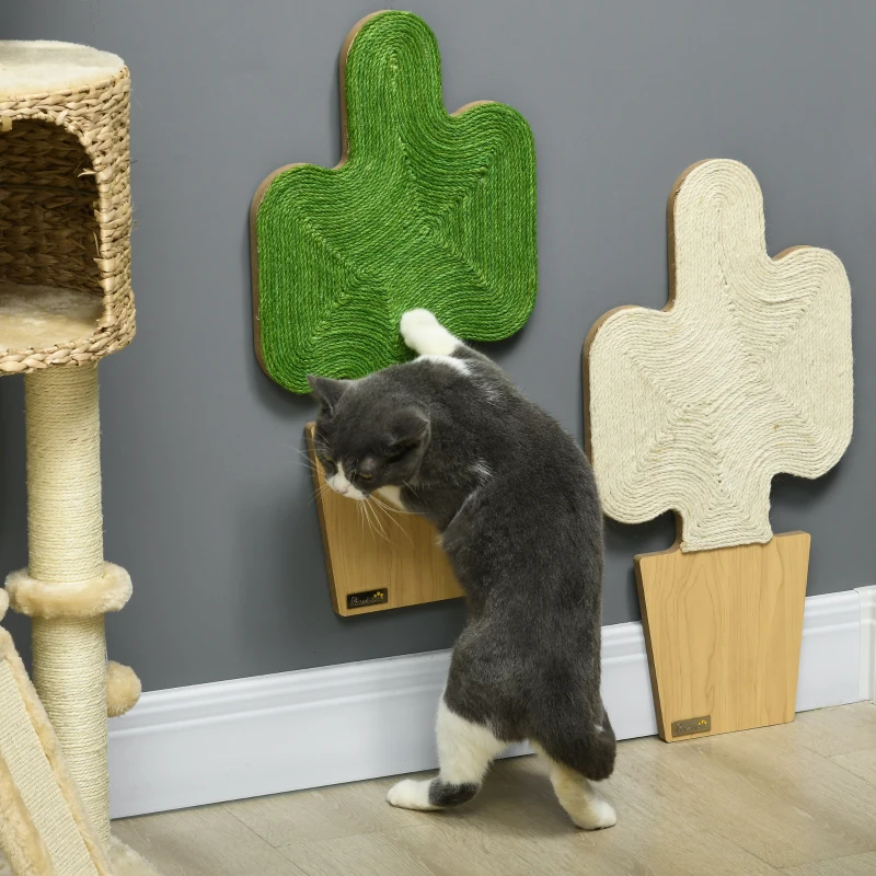 PawHut Lot de 2 griffoirs grattoir mural ou à poser forme original cactus avec surface à gratter en jute 30 x 60 cm marron blanc vert