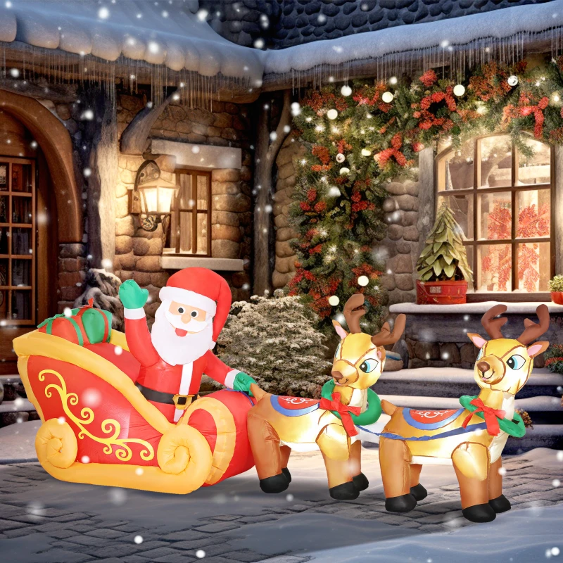 Outsunny Père Noël gonflable avec traîneau et rennes 240 cm 6 lumières LED décoration de Noël intérieure et extérieure rouge