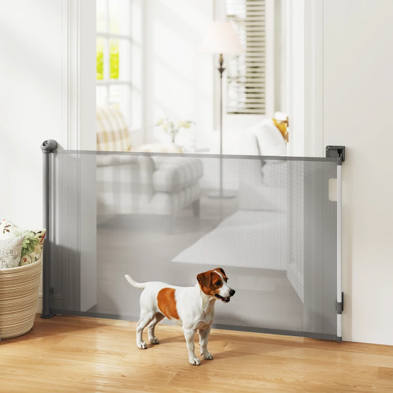 PawHut Barreira retrátil para cães largura 149 cm travamento automático - cinza