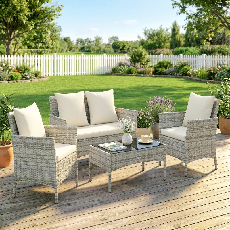 Outsunny Set Salotto da Giardino 4 Pezzi in Rattan con Divano a 2 Posti, 2 Sedie, Tavolino da Caffè, Grigio