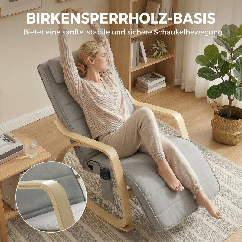 HOMCOM Schaukelstuhl mit Massage, Heizung, Kopfstütze & Fußstütze, Samtbezug, Relaxsessel, Hellgrau