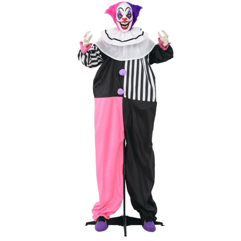 HOMCOM Griezel-Clown Halloween Decoratie, beweegbaar, Lachfunctie, Roze+Paars
