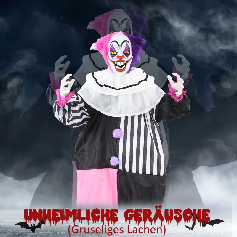 HOMCOM Griezel-Clown Halloween Decoratie, beweegbaar, Lachfunctie, Roze+Paars