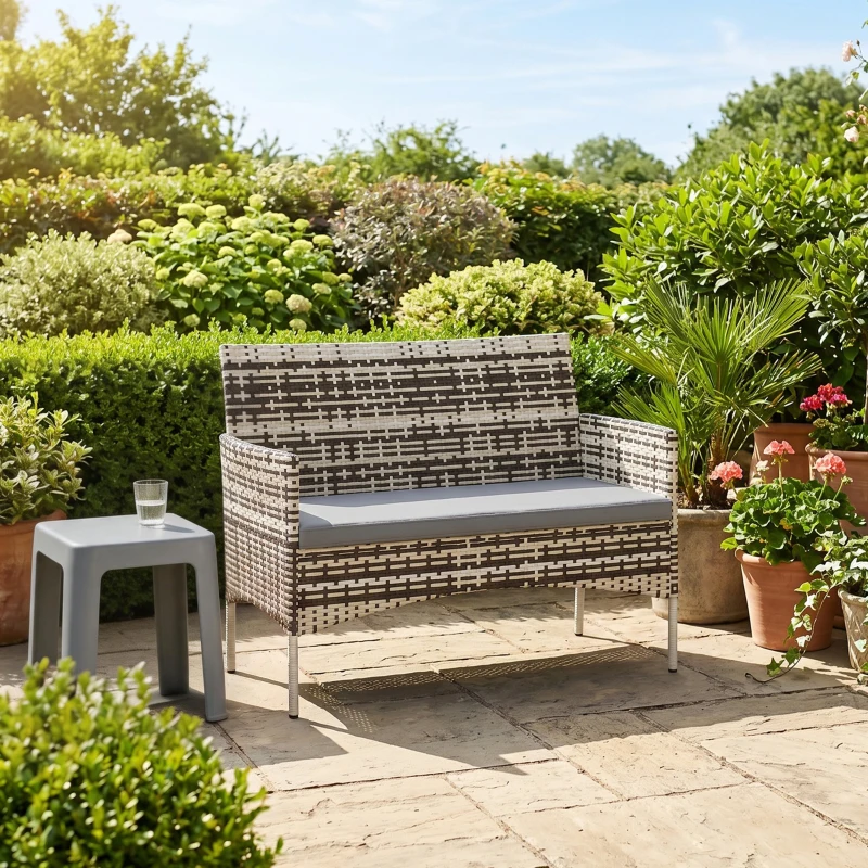 Outsunny 2-Sitzer Rattan Gartensofa PE-Rattan Outdoor-Terrassen-Sofa mit Polster, Anti-Rutsch-Matten, Stahlrahmen, Hellgrau