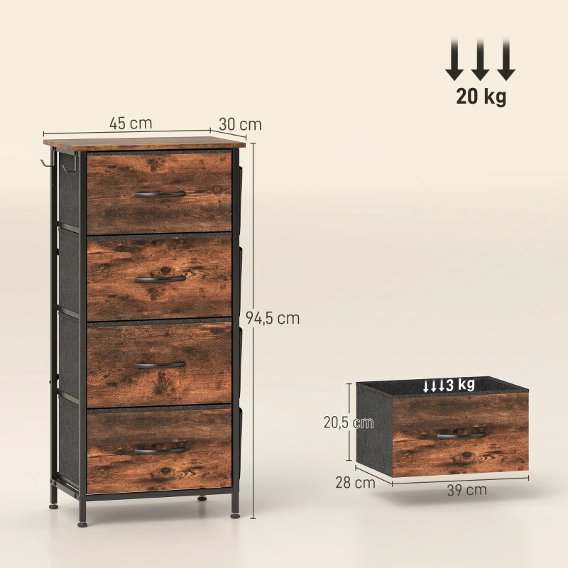 HOMCOM Kommode 4 Stoffschubladen, Aufbewahrungsmöbel mit 4 Taschen, 2 Haken, Stahlrahmen, 45 x 30 x 94,5 cm, braun