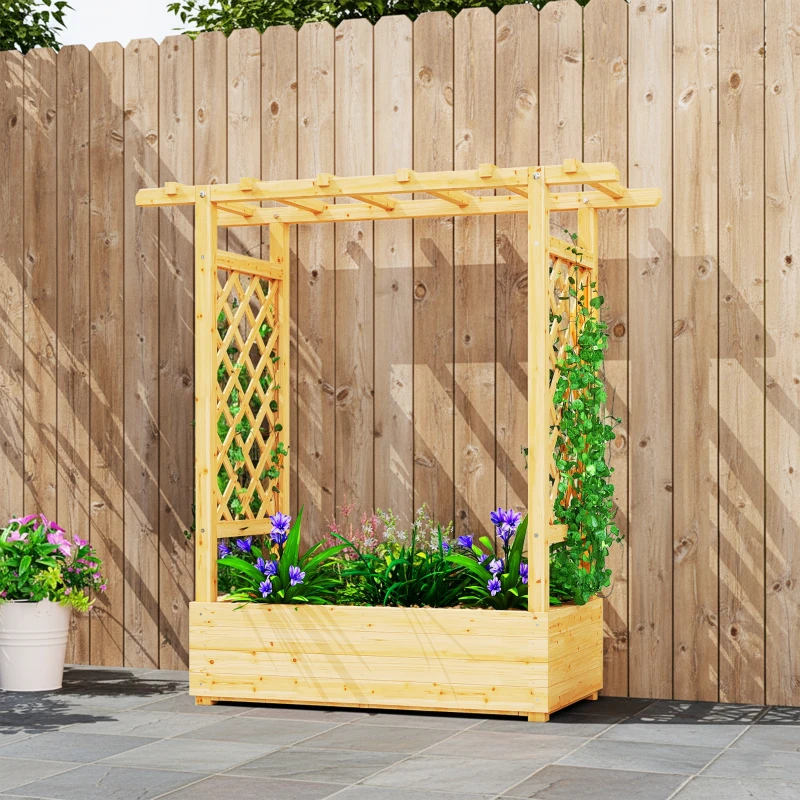 Outsunny Jardineira elevada com treliça lateral e superior, vaso com furos de drenagem, 110x44x113cm, madeira natural