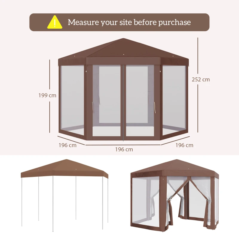 Outsunny Hexagonal Garden Gazebo - Patio Party Outdoor Canopy Tent Sun Shelter with Mosquito Netting and Zipped Door, Brown