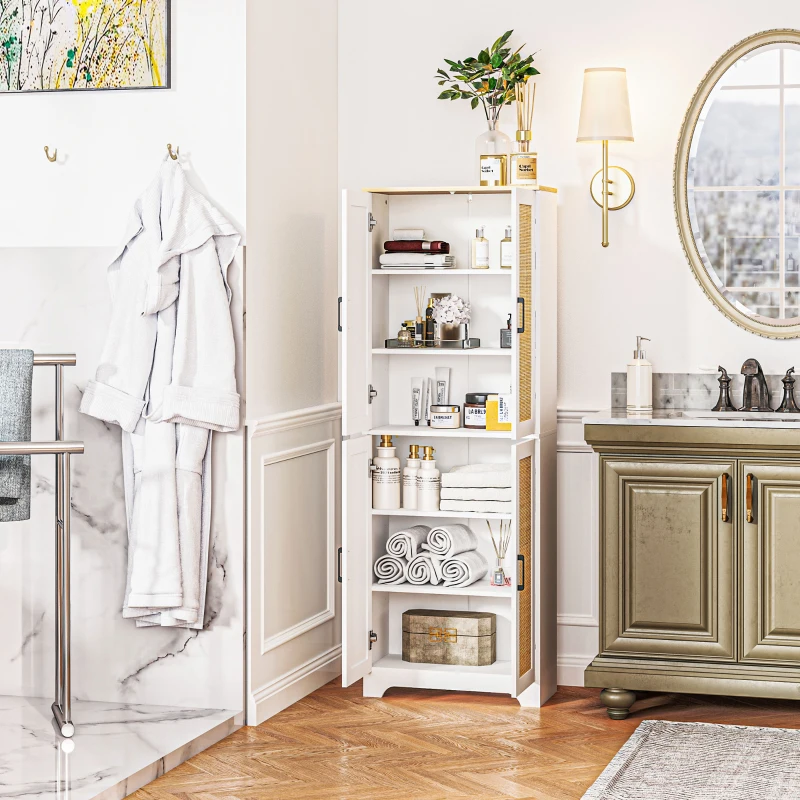 HOMCOM Alacena de Cocina con Estantes Ajustables Puertas de Ratán y Sistema Anti-vuelco 60x30x170 cm Blanco