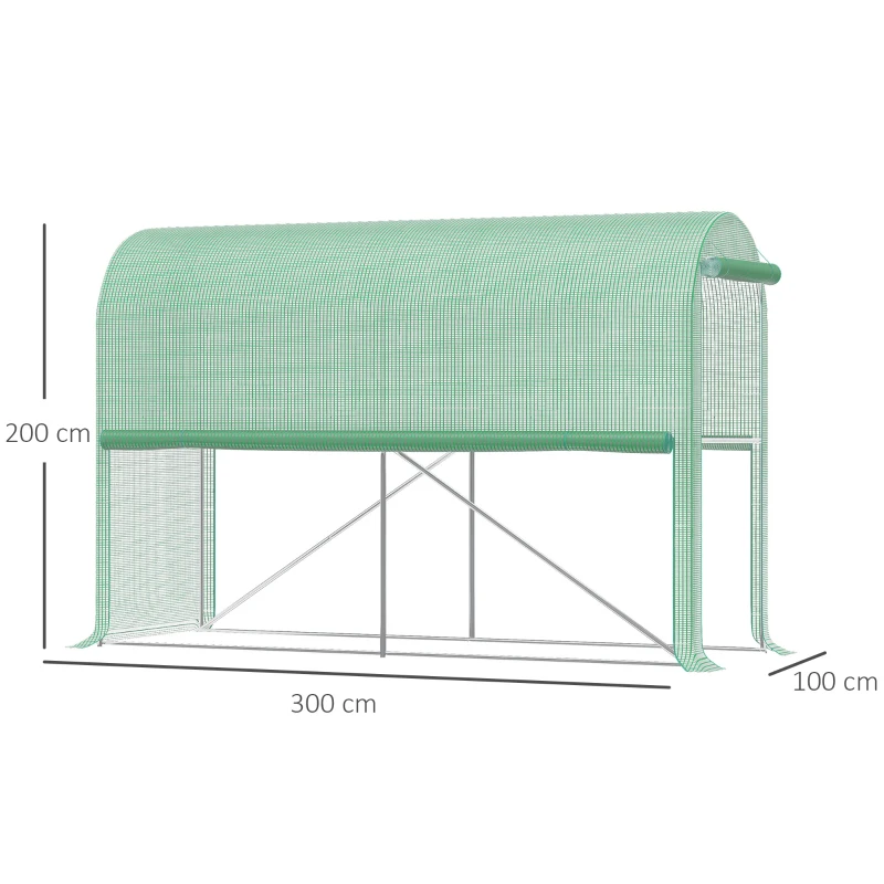 Outsunny Estufa de jardim PE, estufa de varanda, cobertura reforçada 140 g/m², chassi em aço, porta enrolável com zíper, para legumes, plantas, flores, interior e exterior, 300 x 100 x 200 cm, verde
