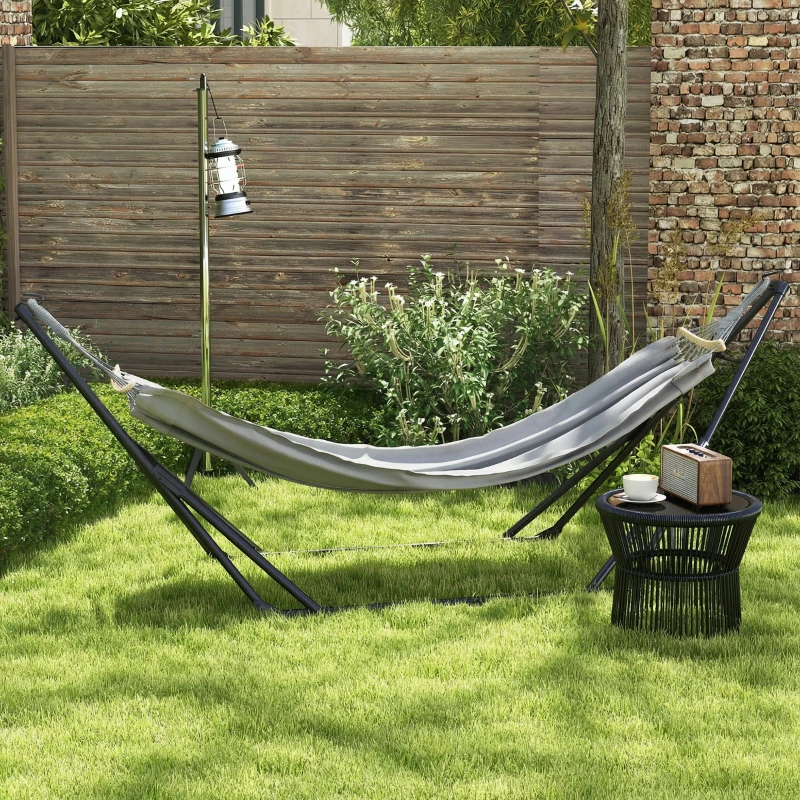 Outsunny Support avec Hamac Pliable en Acier, 2 en 1 pour Hamac ou Chaise Suspendue, Sac de Transport Inclus 268x89x100cm Gris