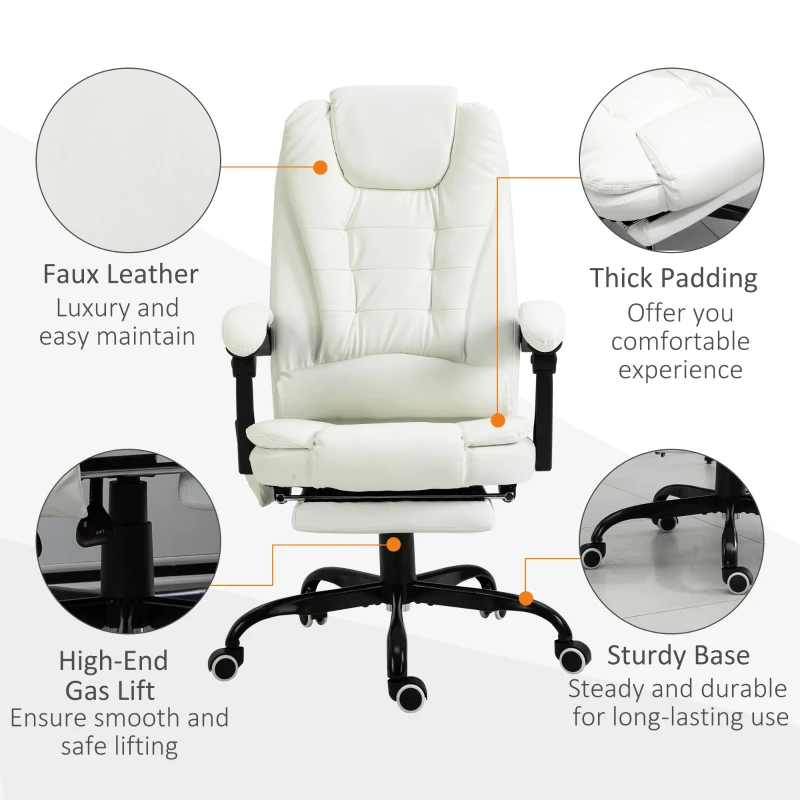 Vinsetto Scaun de birou de masaj, scaun de birou, scaun ergonomic cu înălțime reglabilă, spătar inclinabil și telecomandă cu fir, suport pentru picioare retractabil și pivotant la 360°, alb