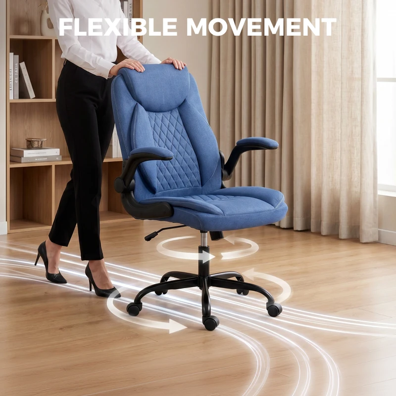 HOMCOM Linen-Look Computer Desk Chair, Executive Office Chair with Flip-Up Armrests and Thick Cushion, Blue