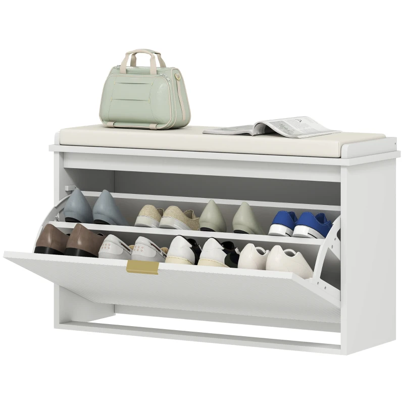 HOMCOM Panca Scarpiera con Ripiano Interno, in Legno e Tessuto Effetto Lino, 80x26x47.5 cm, Bianca e Beige